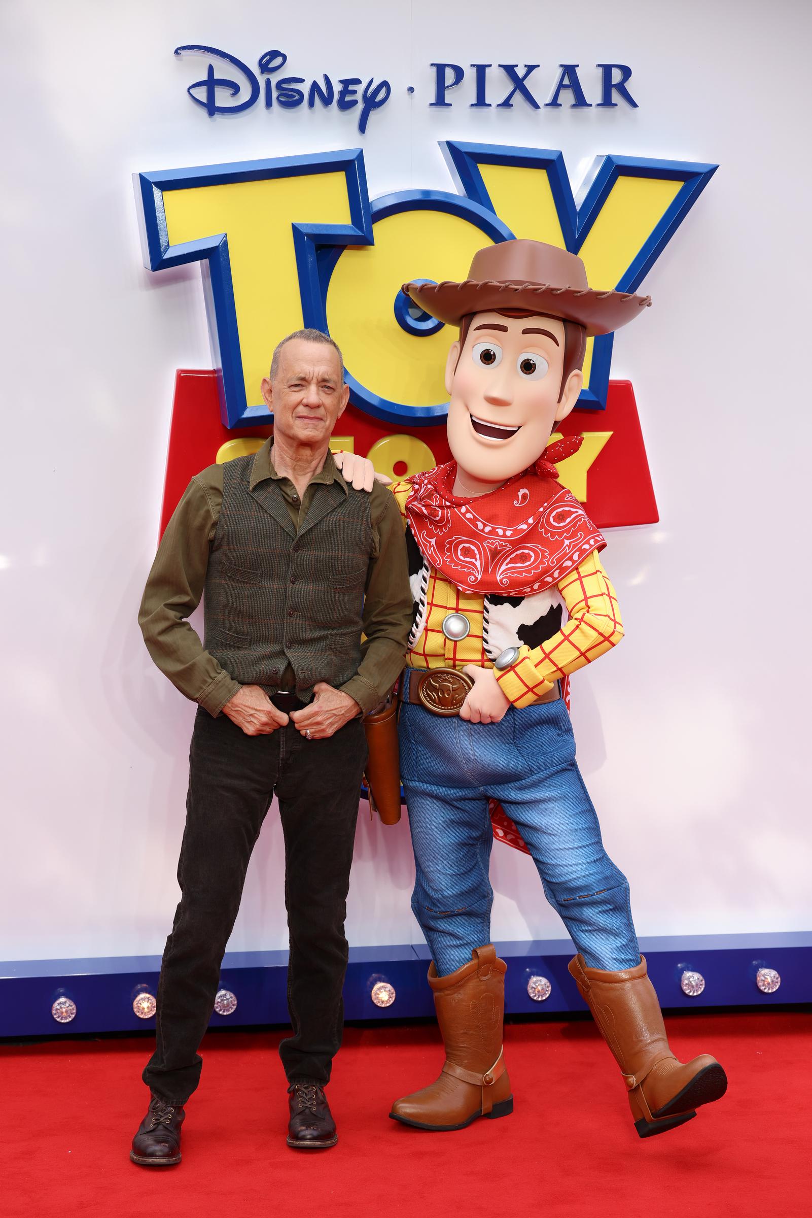 Tom Hanks and Woody attend the "Toy Story 5" UK launch event at Odeon Luxe Leicester Square on May 28, 2026 in London, England. | Source: Getty Images