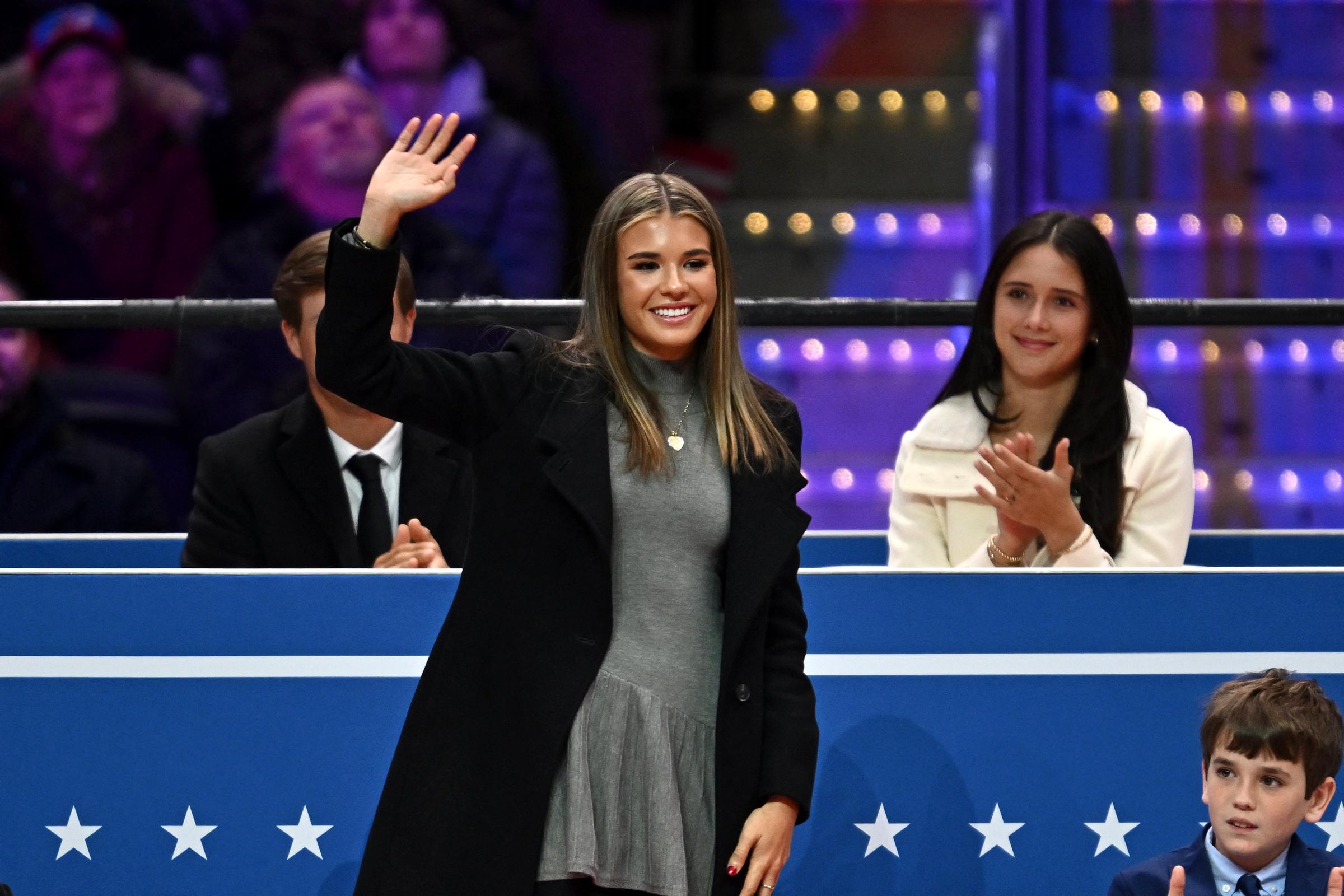 She had appeared with blonde highlights before, making her look remarkably like her mother. On this occasion, she gestured after being acknowledged by her grandfather, Donald Trump, during the inaugural parade inside Capital One Arena on January 20, 2025, in Washington, DC.