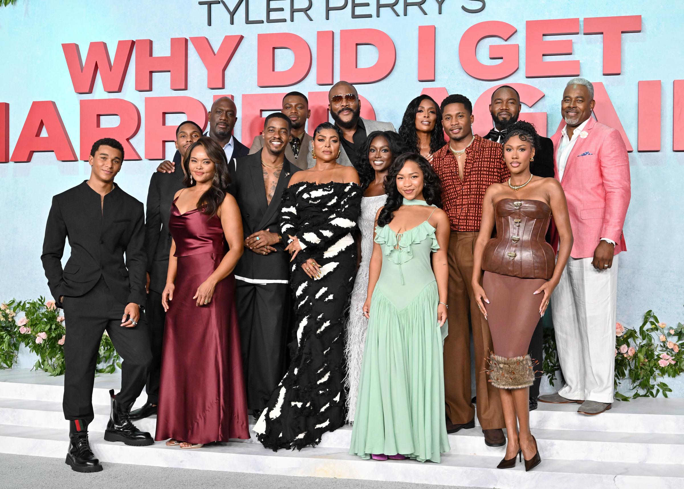 (L-R) Jaden Michael, Charles L. Smith, Richard T. Jones, Sharon Leal, Everett Osborne, Derrick A. King, Tyler Perry, Taraji P. Henson, Armani Greer, Tasha Smith, Laya DeLeon Hayes, Da'Vinchi, Michael Jai White, Sydney Winbush and Lamman Rucker attend the Los Angeles Special Screening of Netflix's "Why Did I Get Married Again?" at Harmony Gold Preview House on September 8, 2026 in Los Angeles, California. | Source: Getty Images