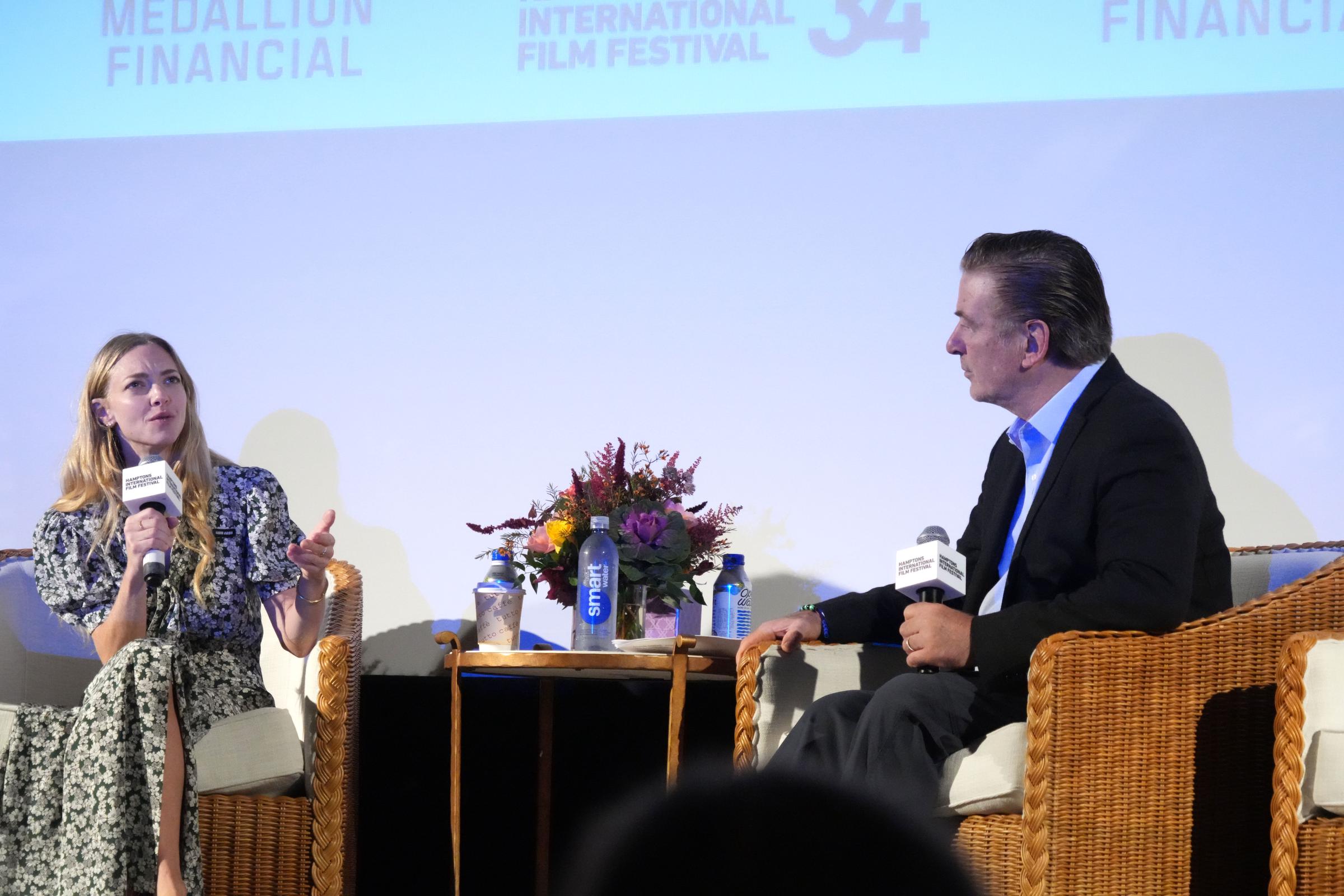 Amanda Seyfried and moderator Alec Baldwin attend "A Conversation with Amanda Seyfried" at the 2026 Hamptons International Film Festival on October 4 in East Hampton, New York. | Source: Getty Images