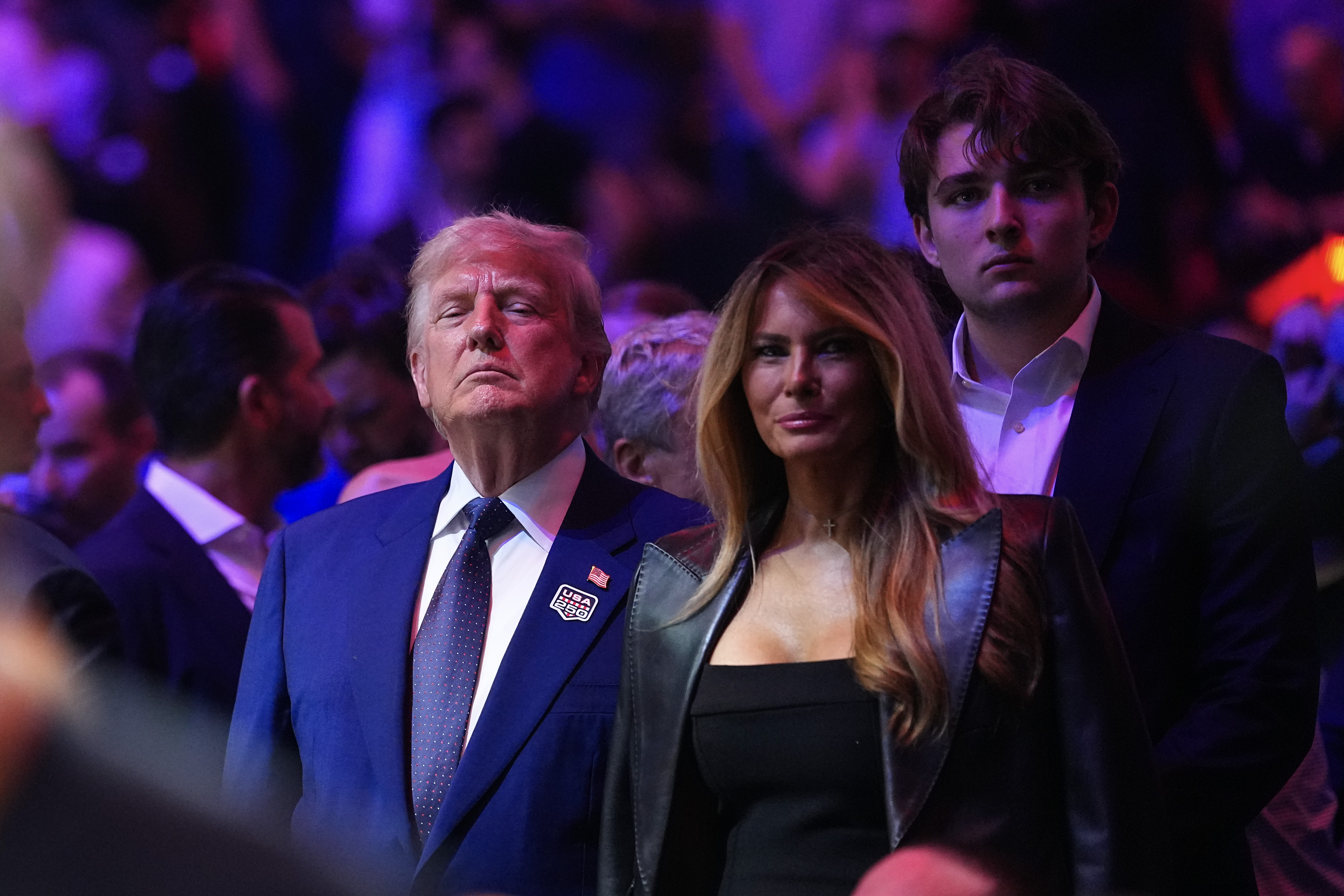 Barron Trump looked rather different this night. On this occasion, he, Donald J. Trump, and Melania Trump attended the UFC Freedom 250 event on the South Lawn at the White House on June 14, 2026, in Washington, DC. | Source: Getty Images