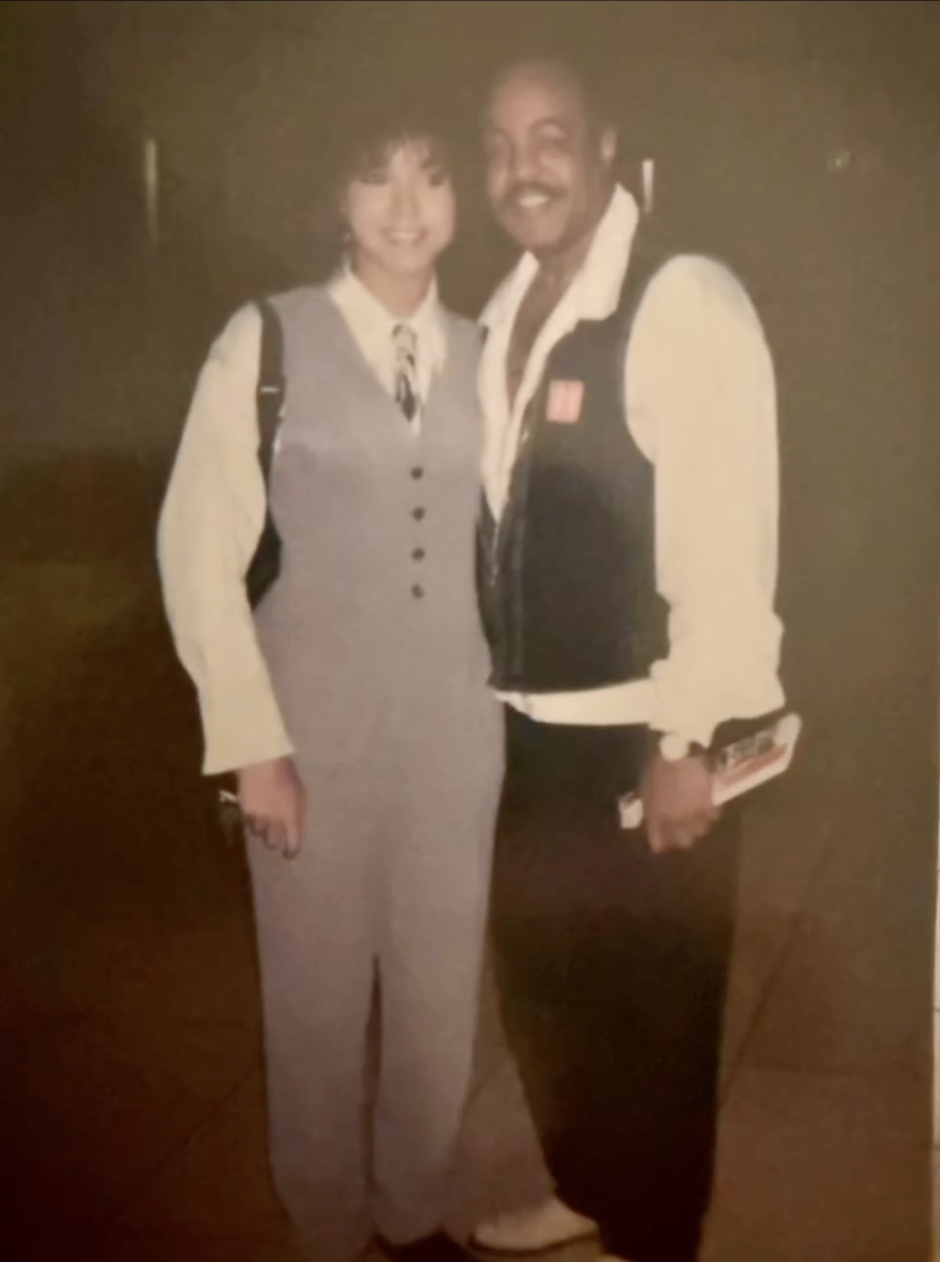 Unlike Juanita Leonard, not much is known about their relationship. In this photo, they hugged for a vintage portrait taken from a tribute reel shared to social media on June 2, 2026 | Source: Facebook/Angela Thigpen