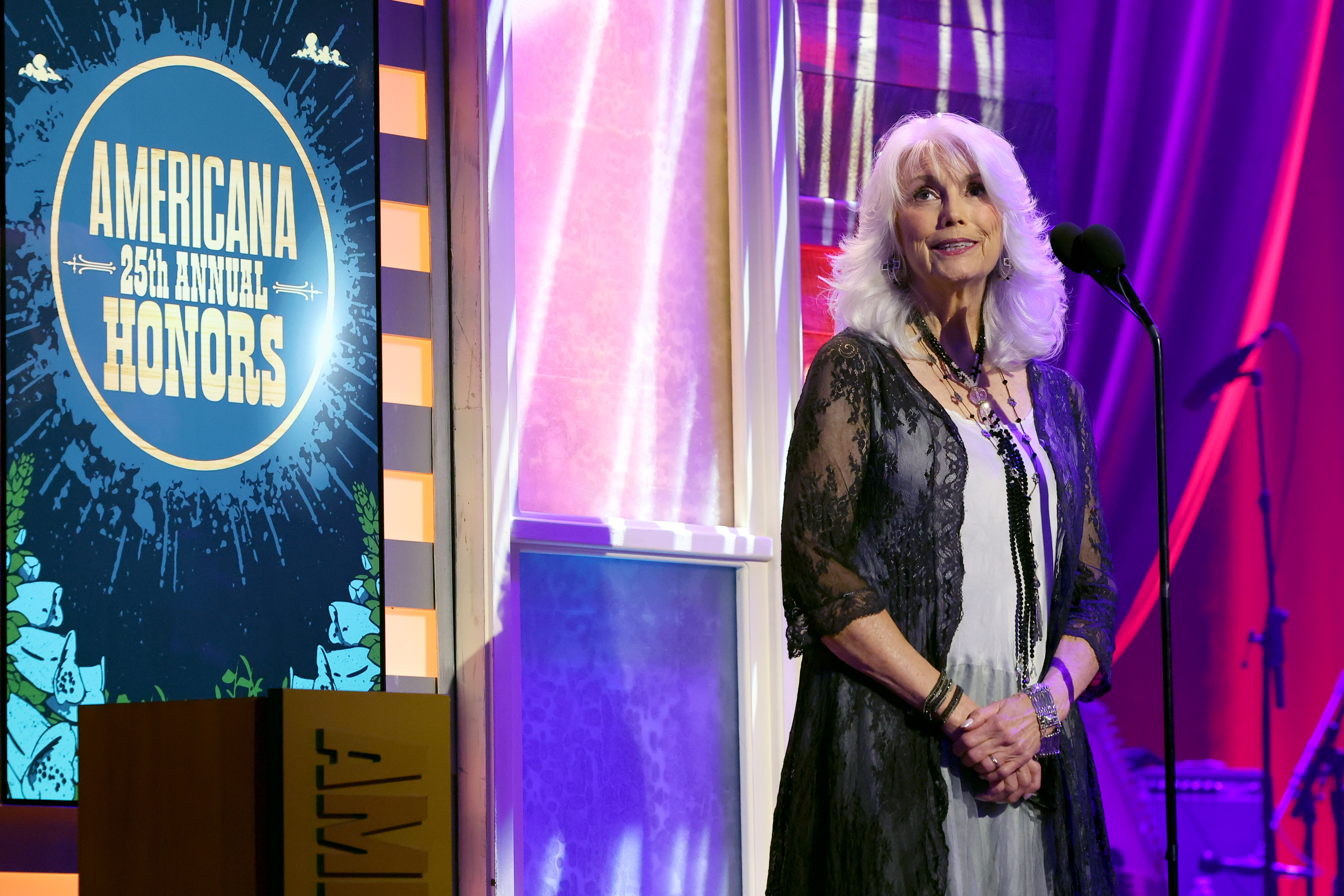 Emmylou Harris speaks onstage during the 25th Annual Americana Honors & Awards at Ryman Auditorium on September 16, 2026 in Nashville, Tennessee. | Source: Getty Images