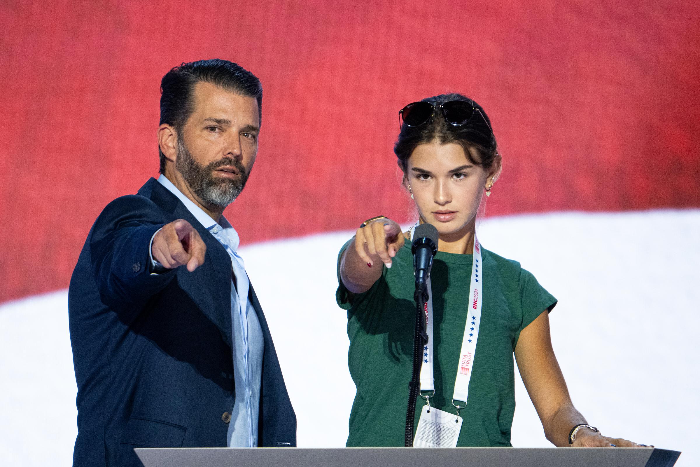 Sometimes lighting at events made her hair look darker, or perhaps she was allowed to experiment with darker dyes. At this event, she was assisted by her father during her podium check at the Fiserv Forum before the start of the session of the Republican National Convention on July 17, 2024, in Milwaukee, Wisconsin.