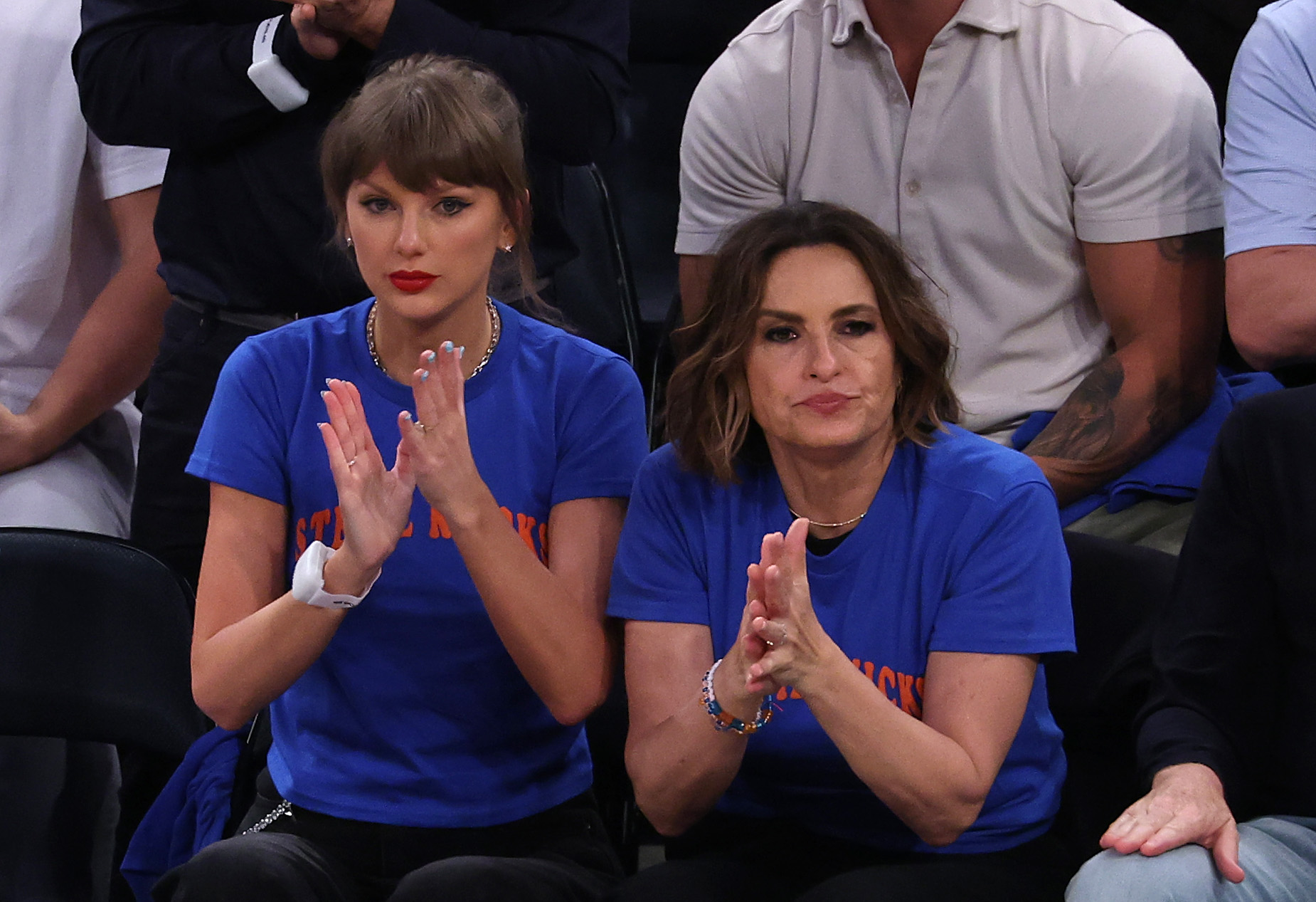 Taylor Swift wore cloud art nails in honor of "Toy Story 5". At this event, she and Mariska Hargitay attended Game Four of the NBA Finals between the San Antonio Spurs and the New York Knicks at Madison Square Garden on June 10, 2026, in New York City. | Source: Getty Images