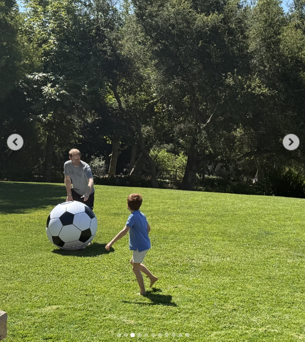 Meghan Markle gave her followers a glimpse of her real life, as she tends to do. Here are Prince Harry and Archie playing with a big inflatable soccer ball on a picture from June 9, 2026 | Source: Instagram/meghan