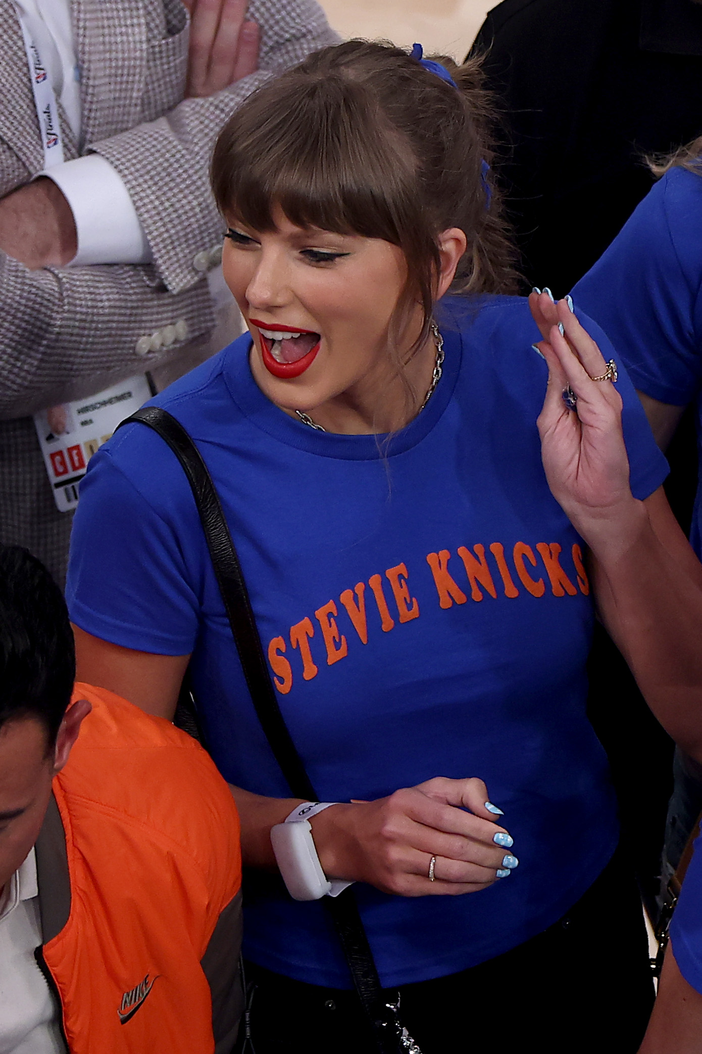 Her nails and the bracelet on her wrist stole all the attention. This photo showed her reacting before Game Four of the NBA Finals between the San Antonio Spurs and the New York Knicks at Madison Square Garden on June 10, 2026, in New York City. | Source: Getty Images