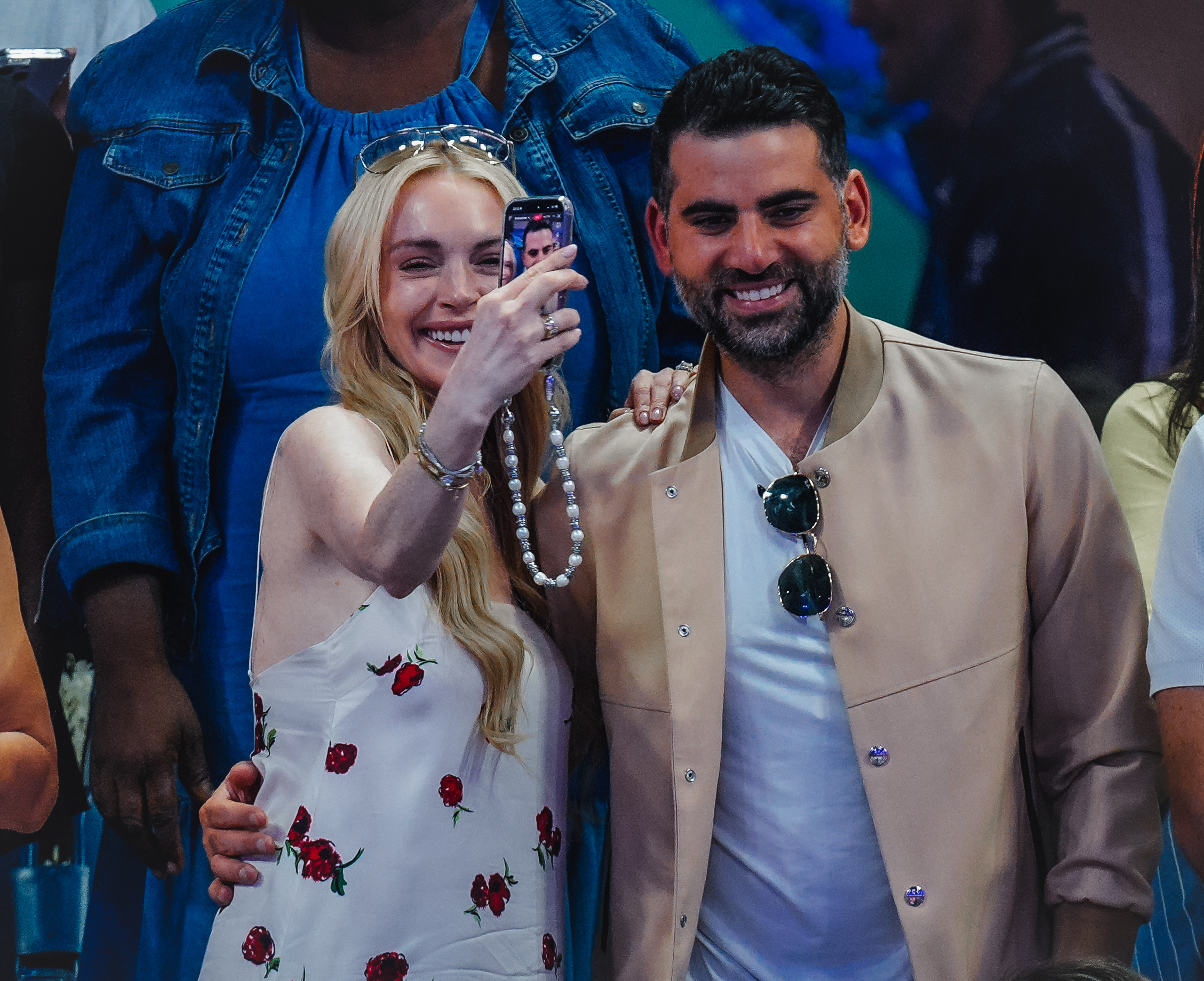 Lindsay Lohan and Bader Shammas are seen on Day 8 of the 2025 US Open Tennis Championships at USTA Billie Jean King National Tennis Center on August 31 in Flushing Meadows, Queens, New York City. | Source: Getty Images