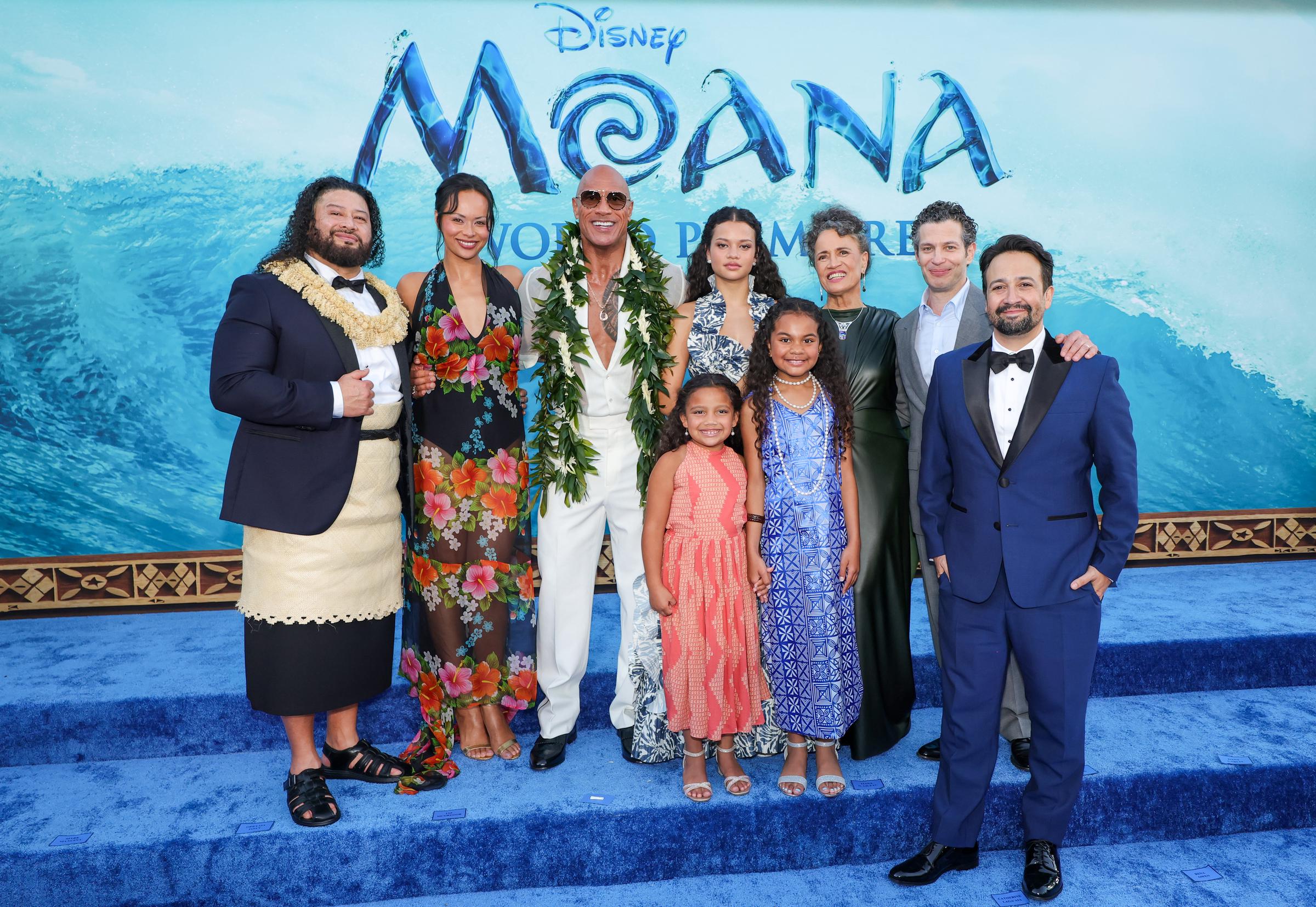 (L-R) John Tui, Frankie Adams, Dwayne Johnson, Emma Puahi-Shapazian, Catherine Laga'aia, Amaya Masoli, Rena Owen, Thomas Kail and Lin-Manuel Miranda attend the Los Angeles premiere of Disney's "Moana" at Hollywood Bowl on July 7, 2026 in Los Angeles, California. | Source: Getty Images
