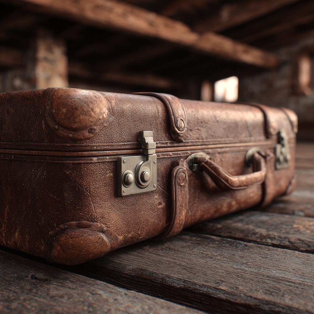 Brązowa skórzana walizka leżąca na strychu | Źródło: Midjourney