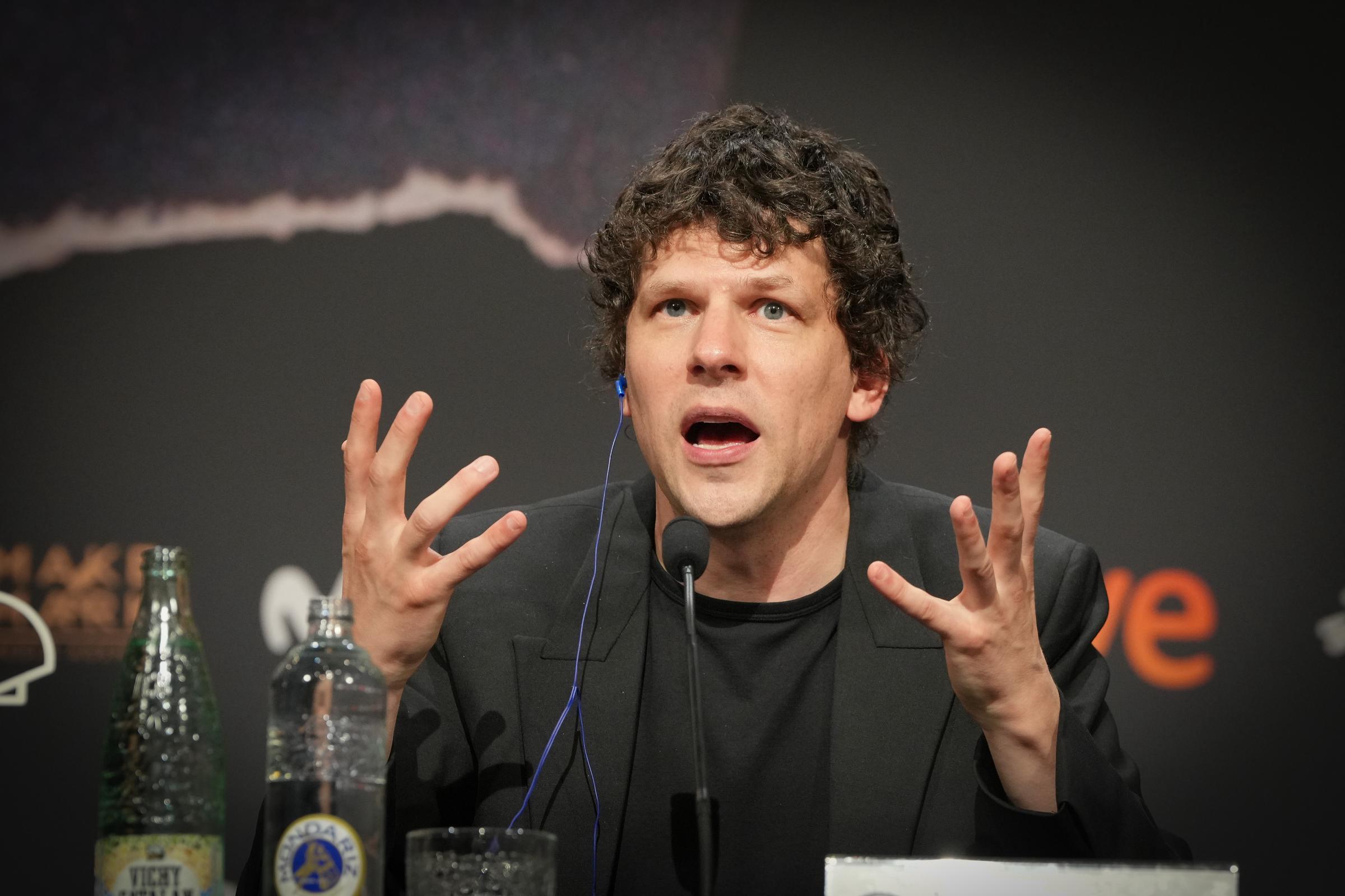 Jesse Eissenberg speaks to the media during the screening of the film "The Debut" at the San Sebastian Film Festival on 23 September 2026, in San Sebastian, the Basque Country, Spain. | Source: Getty Images