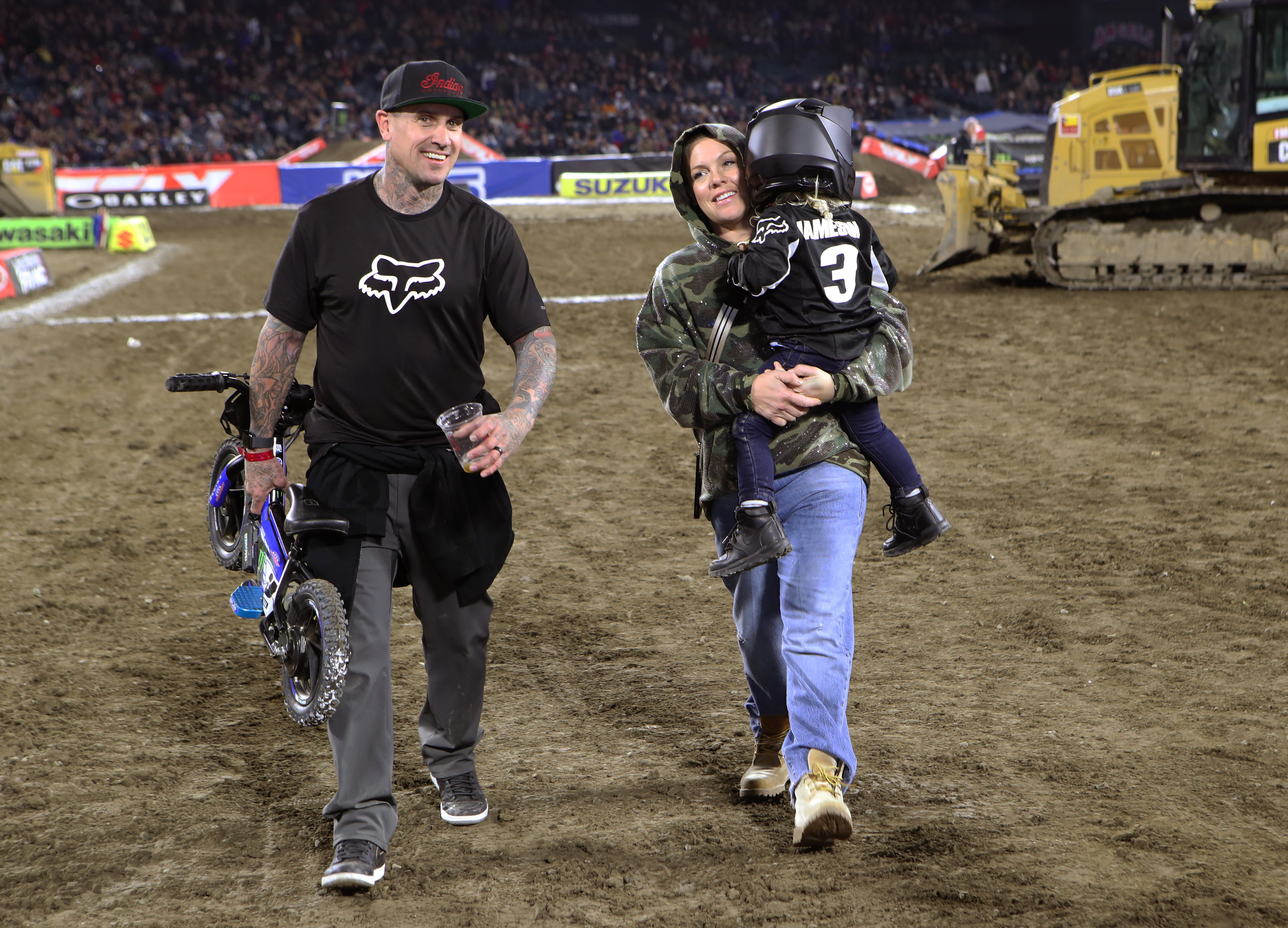 Carey Hart and P!nk are photographed attending the Monster Energy Supercross VIP Event at Angel Stadium on January 18, 2020.