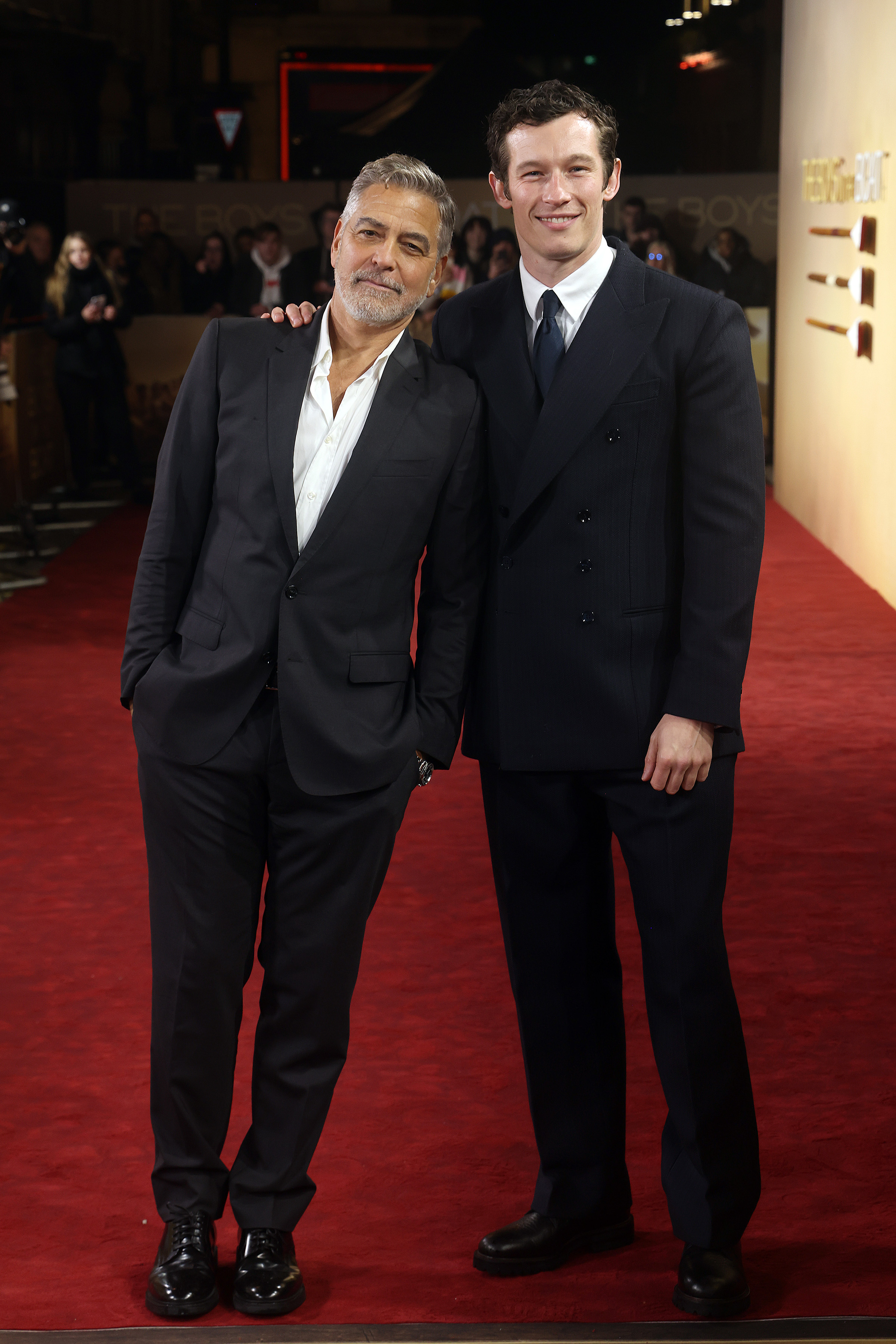George Clooney and Callum Turner attend the UK premiere of "The Boys In The Boat" at Curzon Cinema Mayfair on December 3, 2023 in London, England. | Source: Getty Images